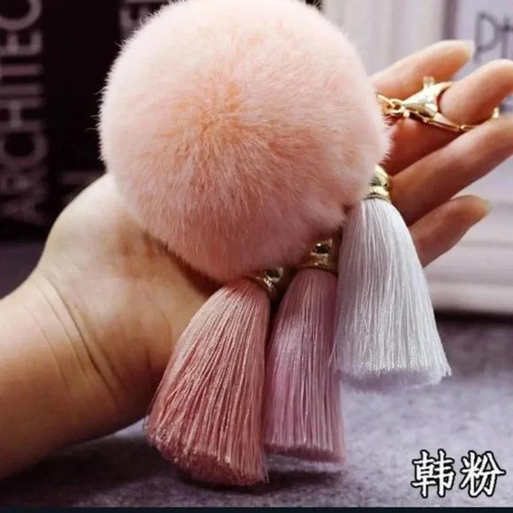 Multiple Colors Available - Fuzzy Fur Pom Pom Keychain Key with Tassels - Picture 7 of 15